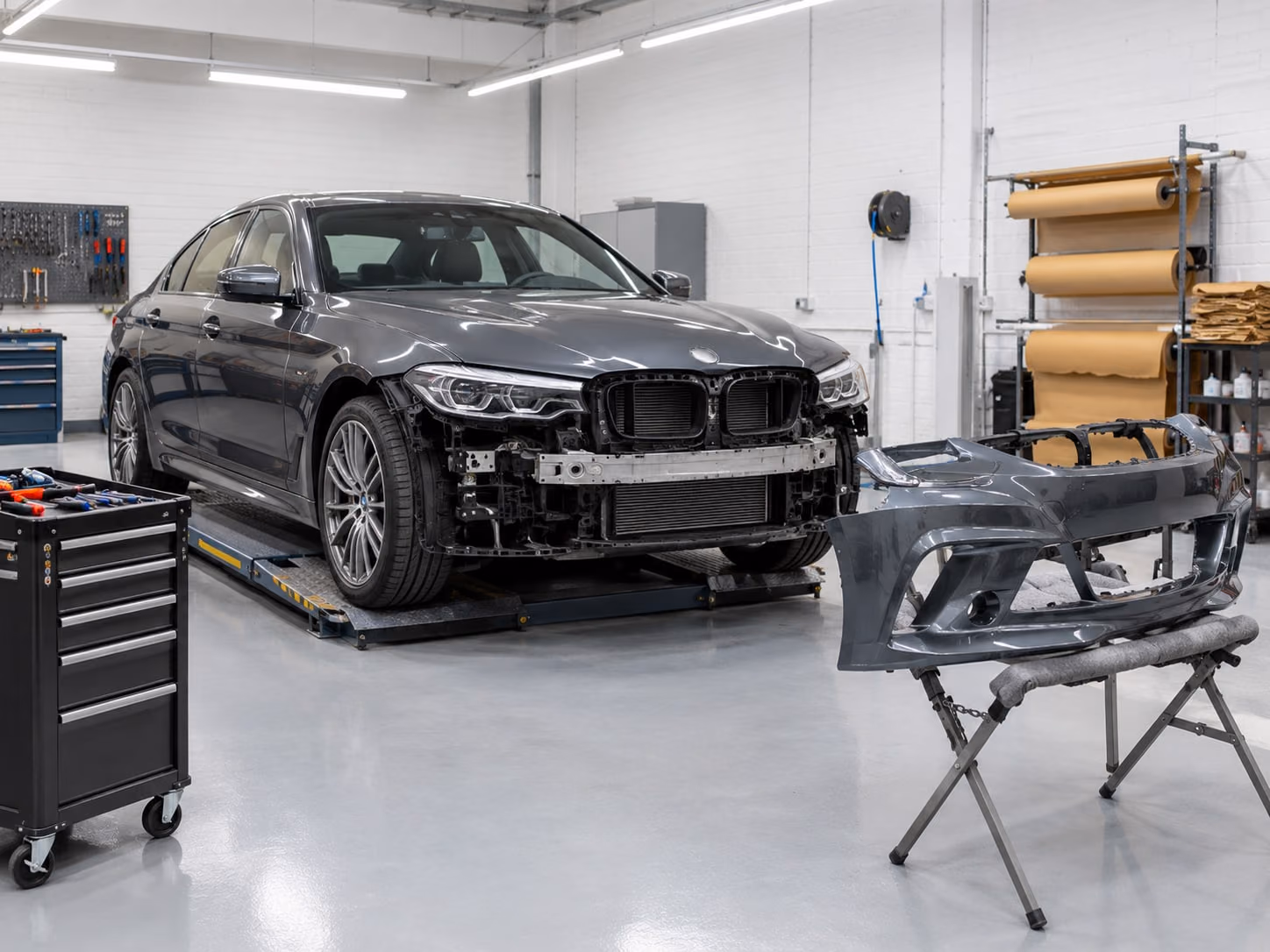 Dark grey saloon in a body shop bay with the front bumper taken off, the new bumper on a padded stand beside it