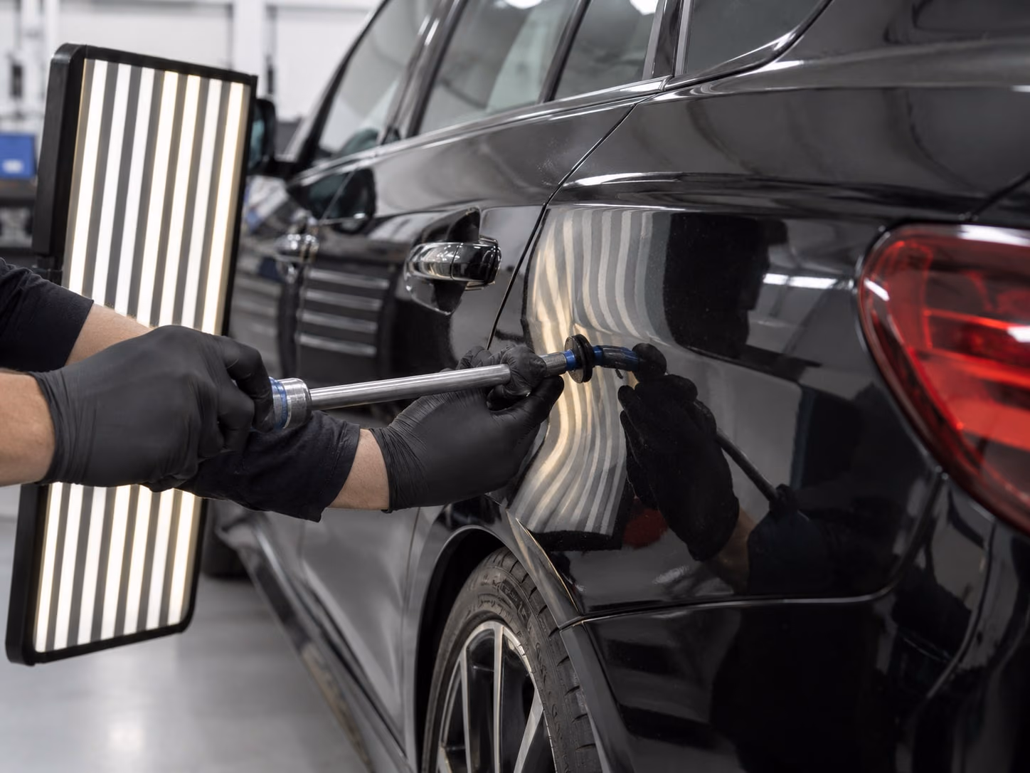 Gloved hands using a dent repair tool on the rear door of a black car, a striped light board behind