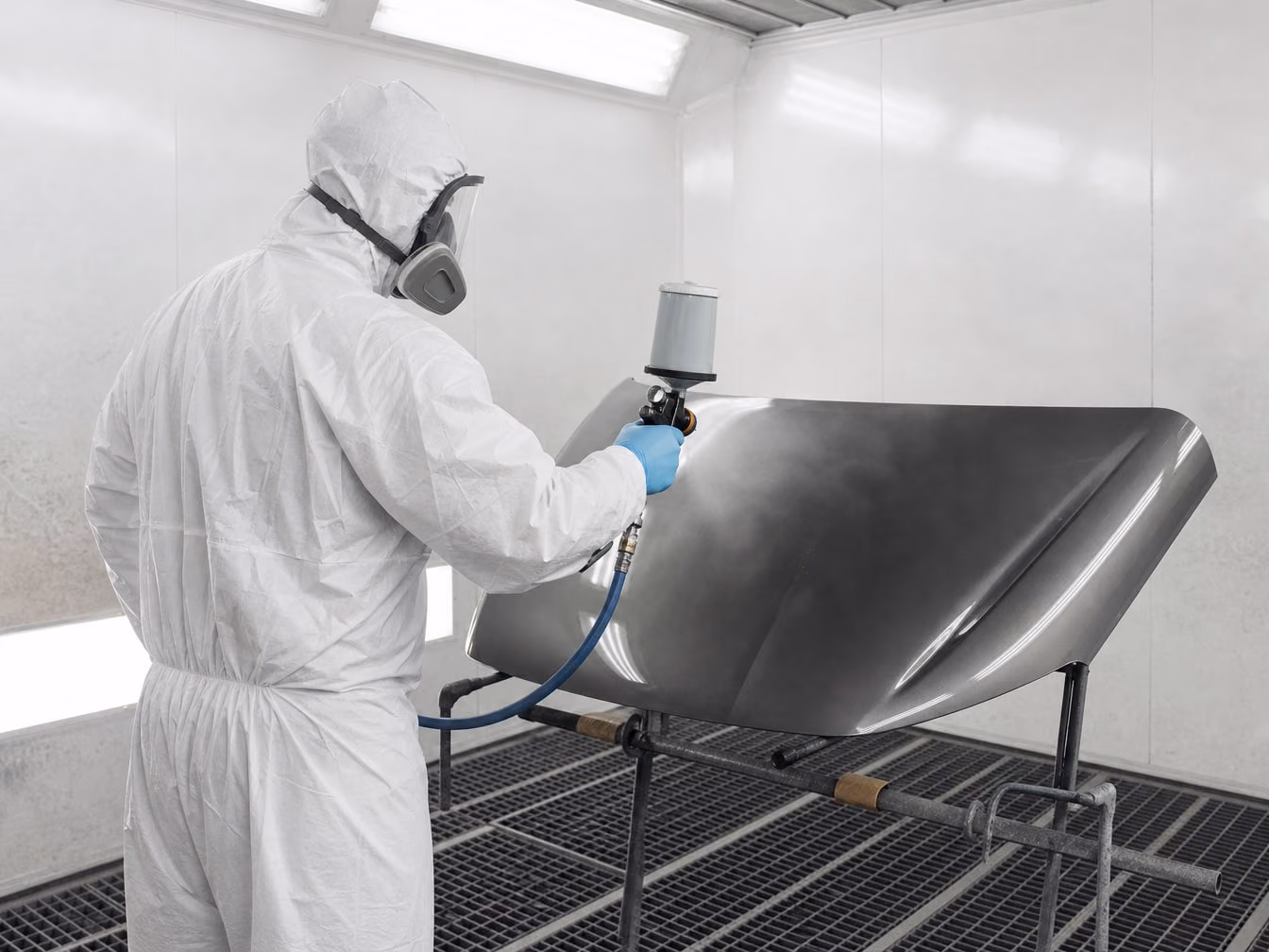 Painter in a white suit and respirator spraying a car bonnet inside a spray booth